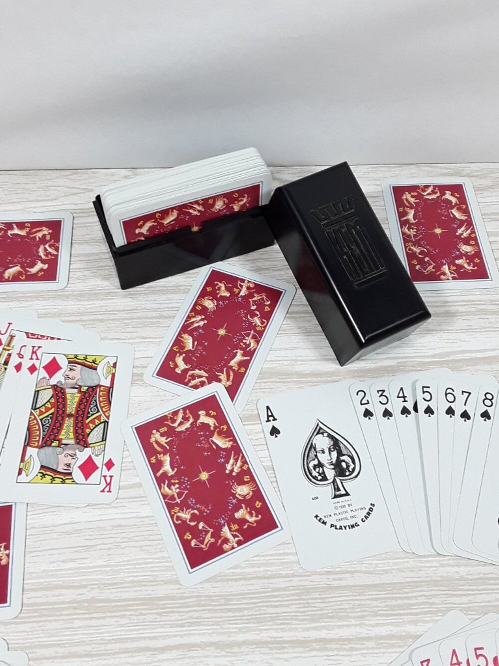 Vintage KEM Zodiac Astrology Playing Cards + Case Red Double Deck Canasta Jokers